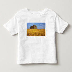 Oude landelijke schuur in rijp tarweveld in de 2 kinder shirts