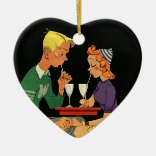 Oude liefde en romantiek, tieners in de sodawinkel keramisch ornament