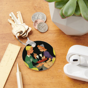 Oude liefde en romantiek, tieners in de sodawinkel sleutelhanger