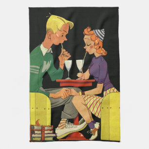 Oude liefde en romantiek, tieners in de sodawinkel theedoek