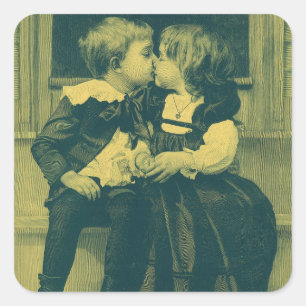 Oude liefde- en romantische foto, kinderen kussen vierkante sticker