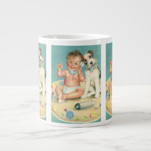 Oude lieve baby die telefoneert met puppy hond jumbo mok