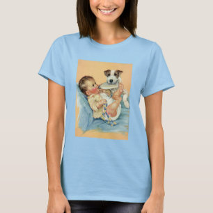 Oude lieve babyjongen met fles en puppy hond t-shirt