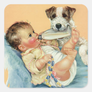 Oude lieve babyjongen met fles en puppy hond vierkante sticker