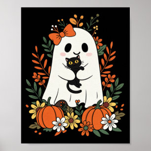 Oude lieve geest met zwarte kat en pompoenen poster