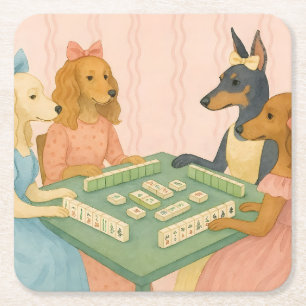 Oude lieve honden die Mahjong spelen Vierkante Kartonnen Onderzetter