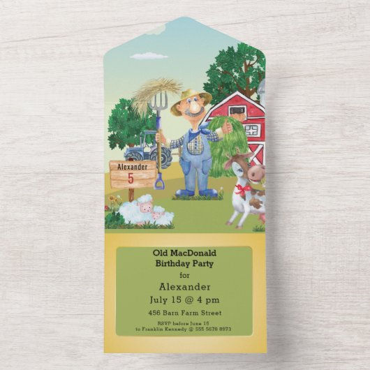 Oude MacDonald Boerderij kinderen Birthday All In One Uitnodiging (Binnen)