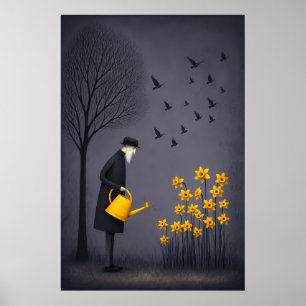 Oude man die hoop water onder stille vogels poster