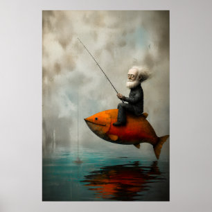 Oude man die vist op een drijvende scharlaken vis poster