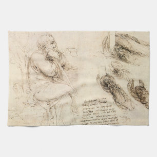 Oude man en waterschets van Leonardo da Vinci Theedoek