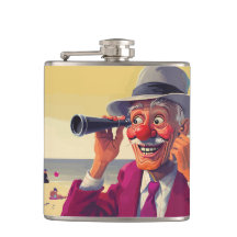 Oude man met verrekijker op het strand, grappig