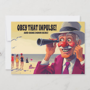 Oude man met verrekijker op het strand, grappig save the date