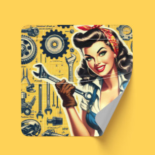 Oude mechanica pin-up vierkante sticker