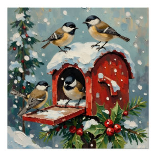 Oude Mezen op Besneeuwde Kerstbriefbus Perfect Poster
