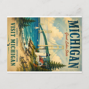 Oude Michigan-reisposter met Grote Meren Kust Feestdagenkaart