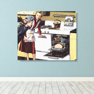 Oude moeder in de keuken die een paasham kookt canvas afdruk