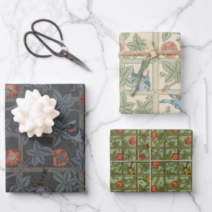 Oude Morris Vogels Rozen Latwerk Bloempatroon Inpakpapier Vel