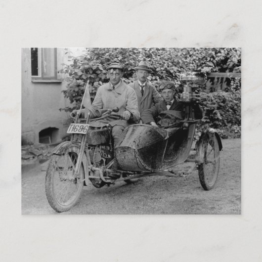 Oude motorfiets met zijspan B&W-foto Briefkaart (Voorkant)