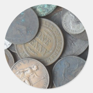 oude munten voornamelijk pennies en halve pennies ronde sticker