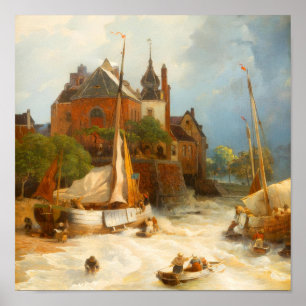 Oude Nederlandse Kuststad en Zeilschepen Poster