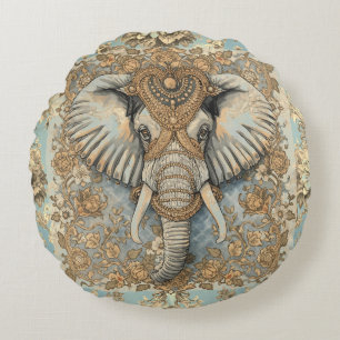 Oude Olifant, Antieke Olifant,Goud Zacht Blauw Rond Kussen