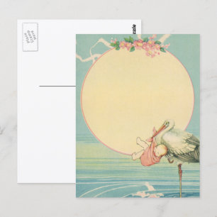 Oude Ooievaar met Baby Meisje in Roze Dekentje Briefkaart