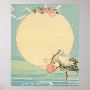 Oude Ooievaar met Baby Meisje in Roze Dekentje Poster
