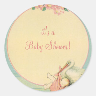 Oude Ooievaar met Baby Meisje in Roze Dekentje Ronde Sticker