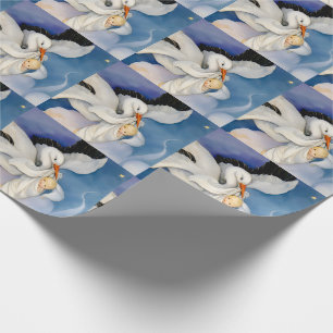 Oude Ooievaar met Baby Waterverf Cadeaupapier