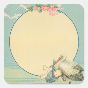 Oude Ooievaar met Babyjongen in Blauwe Deken Vierkante Sticker