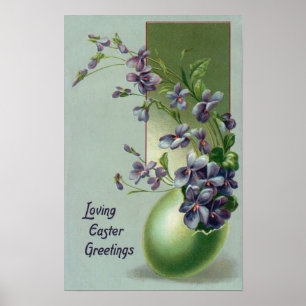 Oude paarse bloemen bloeien in een paasei poster