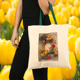 Oude Paas Kuikens, Ei met Rode Tulp Bloemen Tote Bag