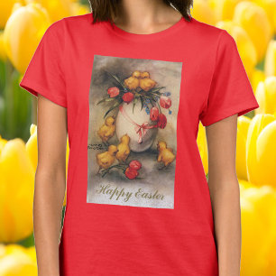 Oude Paas Kuikens met Rode Tulp Bloemen T-shirt