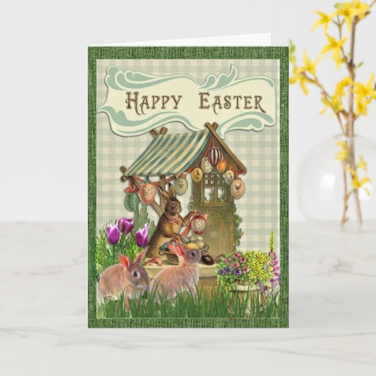 Oude Paashaas Konijn Vakantiewenskaart Kaart (Gele Bloem)