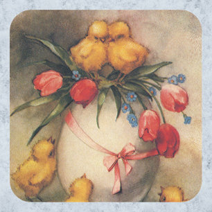 Oude Paaskuikens met rode tulp bloemen Vierkante Sticker