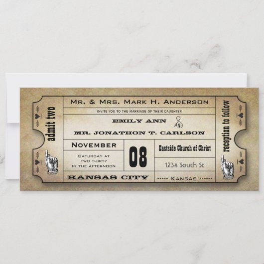 Oude papieren moderne typografie Ticket Wedding Kaart (Voorkant)