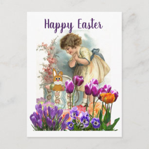 Oude Pasen Meisje met Tulp Bloemen Feestdagenkaart