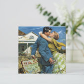 Oude pasgetrouwden kussen elkaar, housewarmingfees kaart (Staand voorkant)