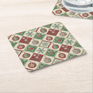 Oude Patchwork Gequiltte Kerstpatroon Vierkante Kartonnen Onderzetter