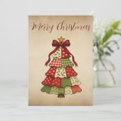 Oude patchwork kerstboom kerstkaart (Staand voorkant)