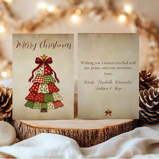 Oude patchwork kerstboom kerstkaart