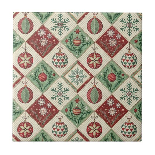 Oude Patchwork Quilted Kerstpatroon Tegeltje (Voorkant)