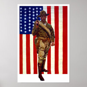 Oude patriotische soldaat met Amerikaanse vlag Poster