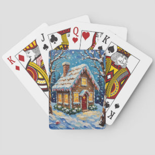 Oude peperkoekhuis in betoverde winter pokerkaarten