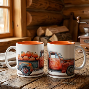 Oude Pick-up Truck Pompoenoogst Tweekleurige Koffiemok