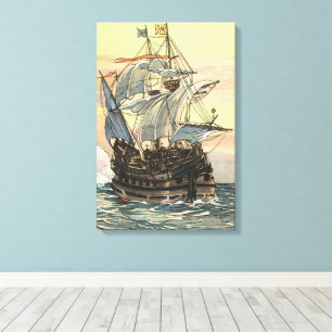 Oude Piratenschip, Galei Zeilt op de Oceaan Canvas Afdruk