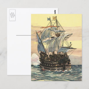 Oude piratenschip, galjoen zeilt op de oceaan briefkaart