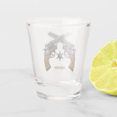 Oude Pistolen en badge in het westen met naam Shot Glas (Achterkant)