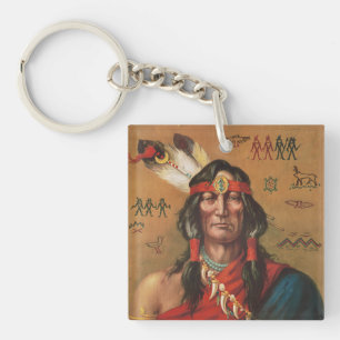 Oude portretkunst van een inheemse Amerikaanse hoo Sleutelhanger