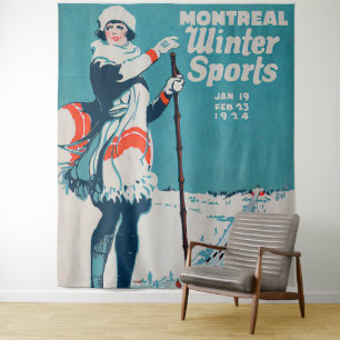 Oude poster Skiing 1924 in Montreal wintersport Wandkleed